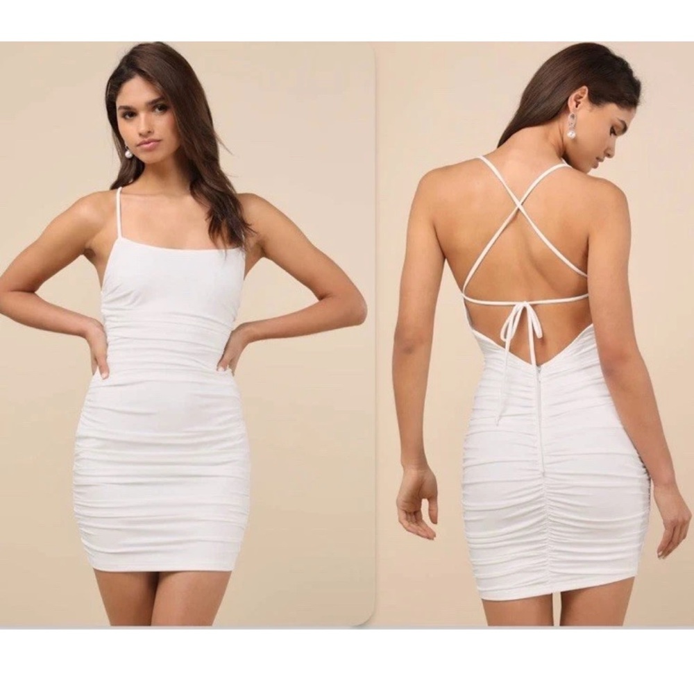 Lulus White Ruched Lace-Up Bodycon Mini Dress  NWT Size M Medium